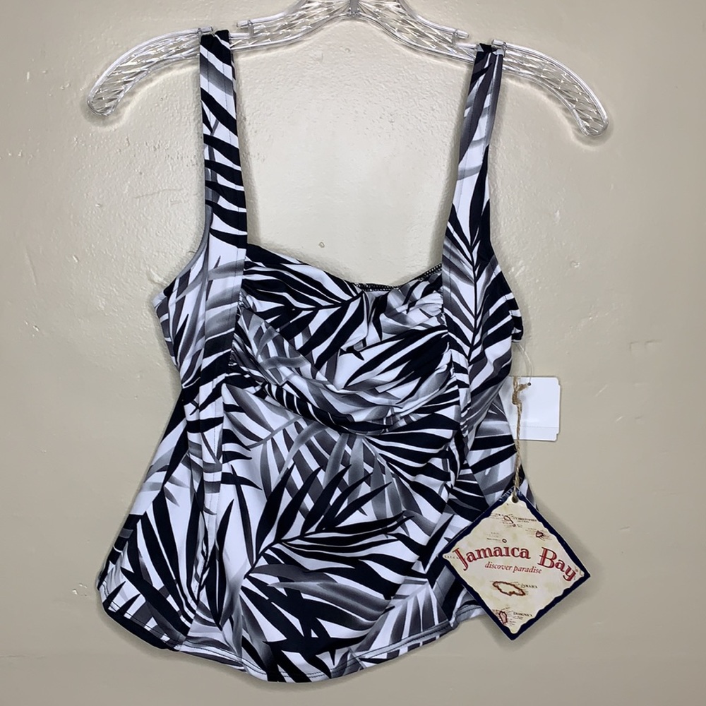 JAMAICA BAY Swim Top Black White Tropical Square Neckline Ruched Details Small
